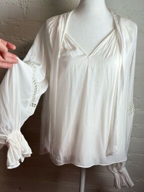 $345 Ramy Brook White Lex Peasant Bohemian Eyelet Long Sleeve Soft Blouse XS